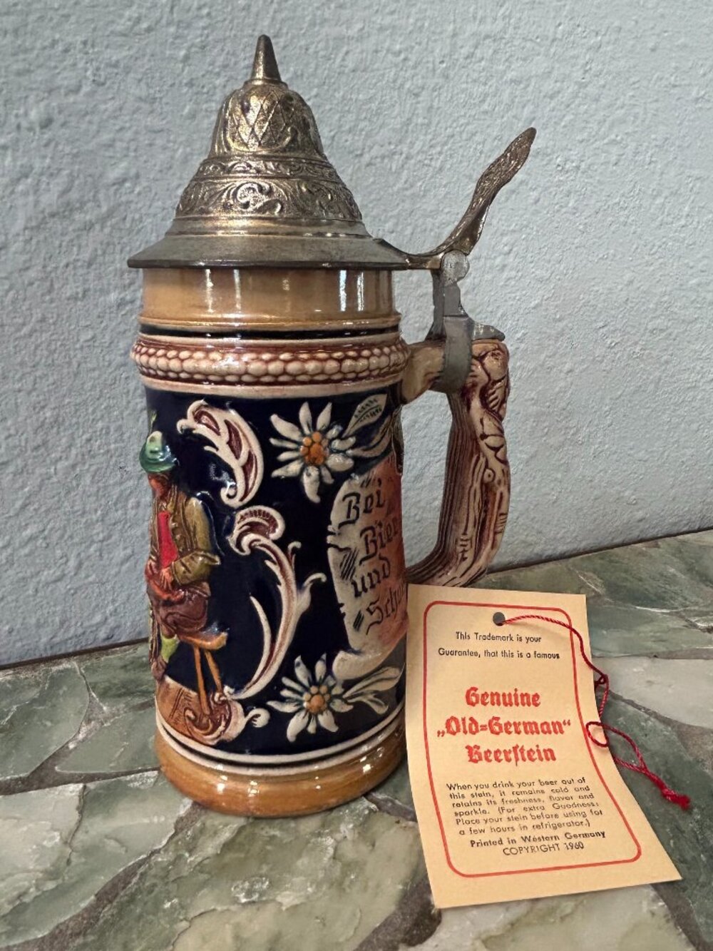 Vintage 1960’s Germany Beer Stein 7” Hinged Lid, Orig Tag & Sticker